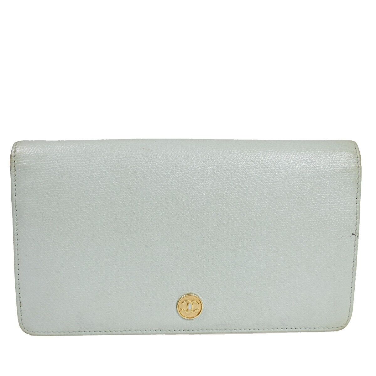 CHANEL CC Logo Long Bifold Wallet Purse Leather Light Blue Gold Italy 05GA676