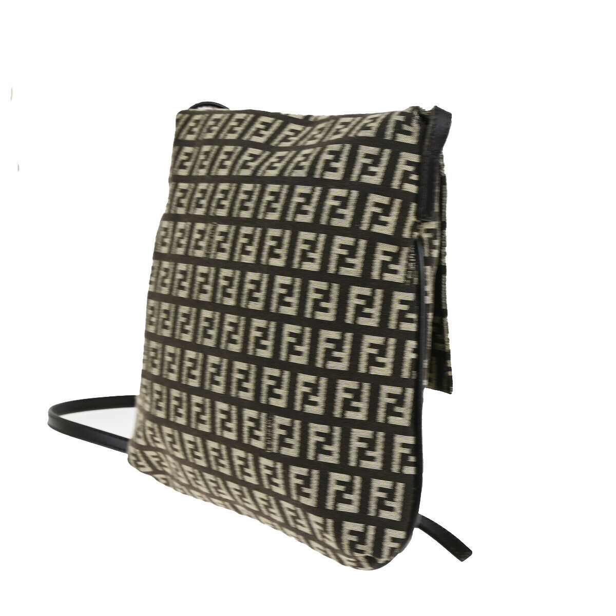 FENDI Logo Zucchino Shoulder Bag Canvas Leather Brown SHW Italy 70SJ496