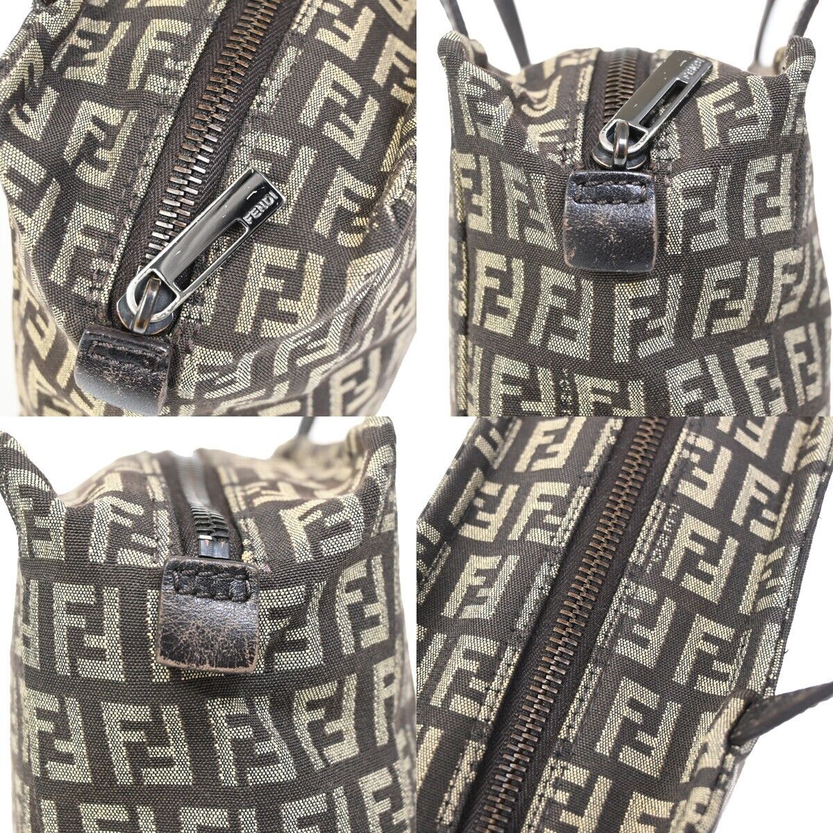 FENDI Logo Zucchino Mini Hand Bag Canvas Leather Brown Silver Italy 61HB935