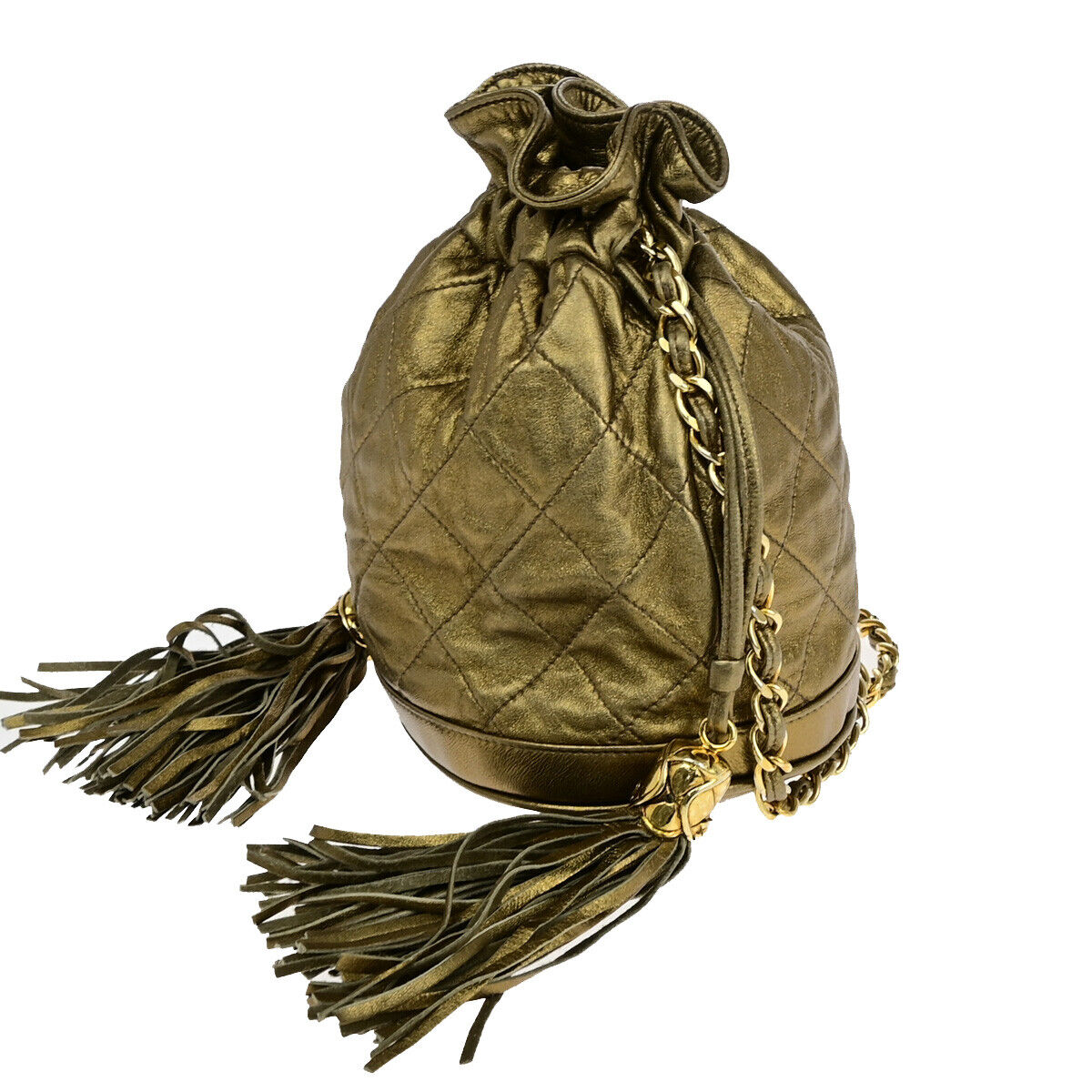 CHANEL CC Matelasse Drawstring Mini Chain Shoulder Bag Leather Gold GHW 390RK134