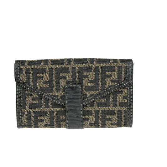 FENDI Logo Zucca Pattern Bifold Wallet Purse Canvas Leather Brown Black 37RJ803