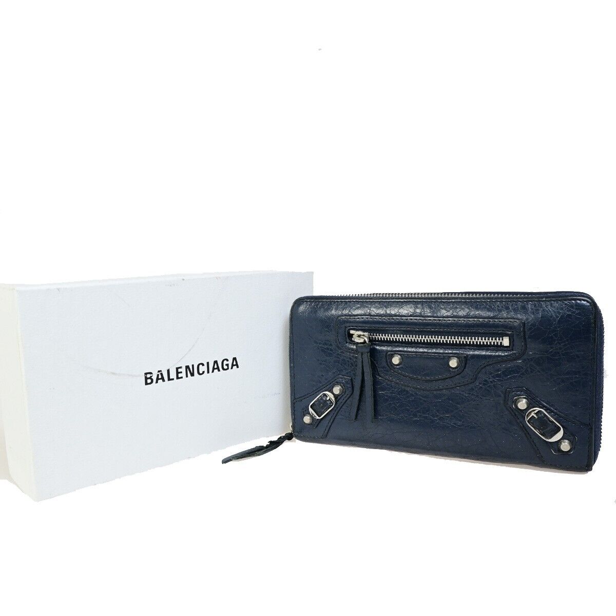 BALENCIAGA Logo Continental Zip Around Long Wallet Purse Leather Navy 09FB095