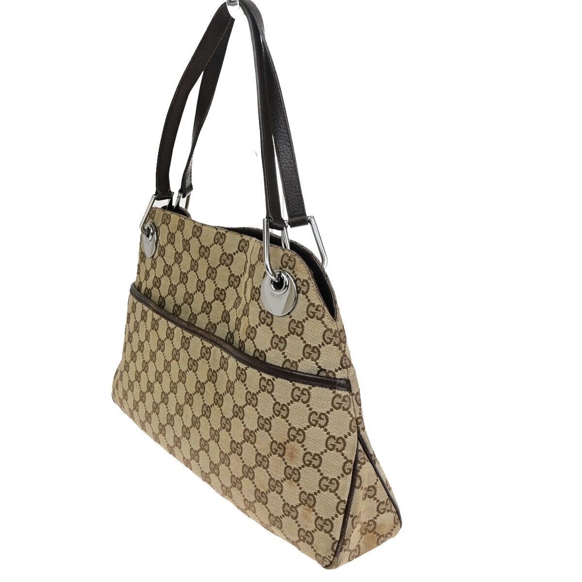 GUCCI Logo GG Pattern Shoulder Tote Bag Canvas Leather Brown GHW Italy 02EC081