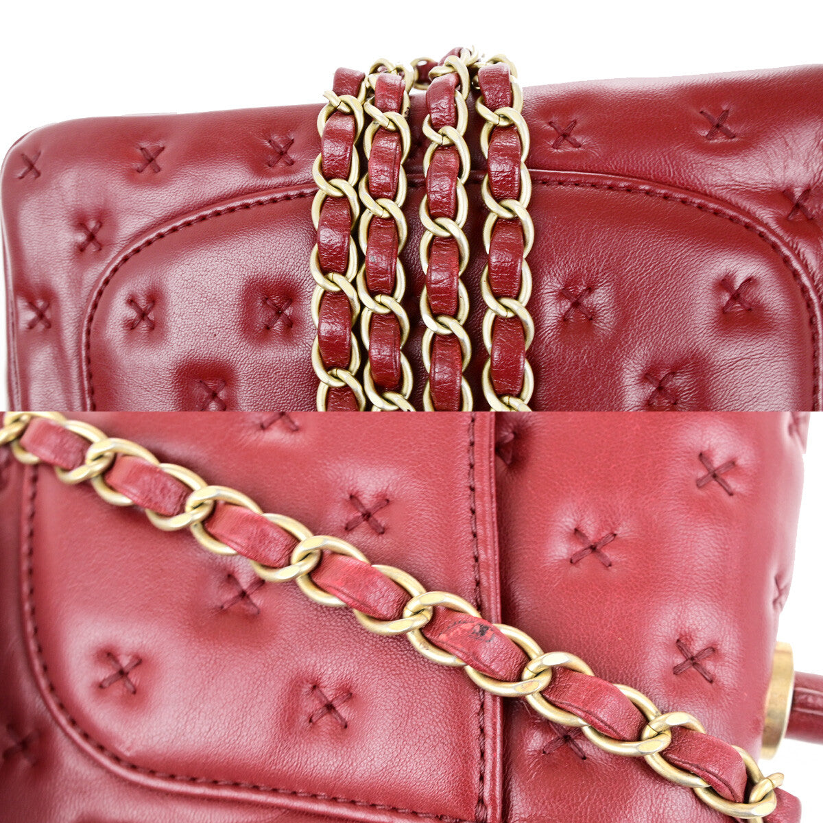 CHANEL CC Cross Stitch 2Way Chain Shoulder Hand Bag Leather Red GHW 805RJ983