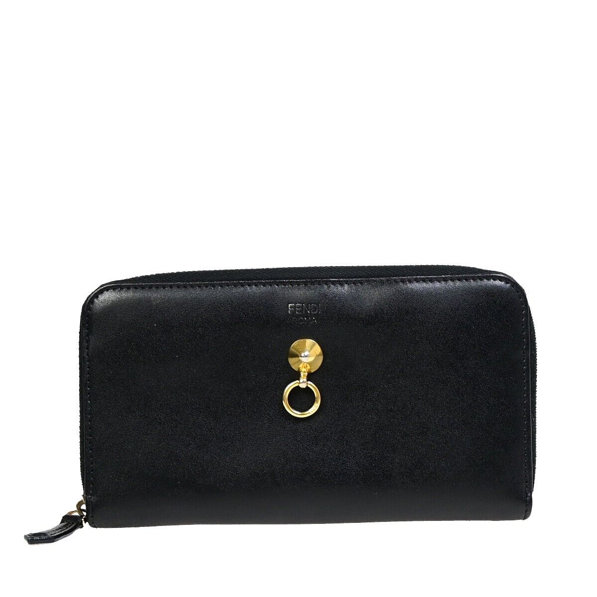 FENDI By The Way Logo Long Zip Around Wallet Purse Leather Black Italy 67EB039