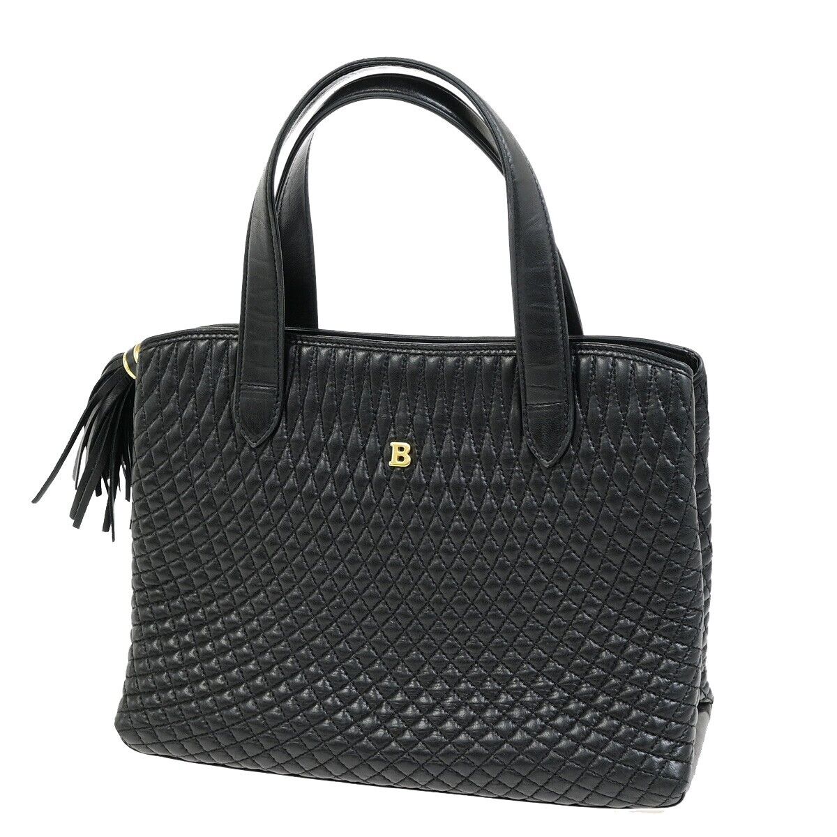 BALLY B Logo Fringe Tassel Shoulder Hand Bag Leather Black Gold-Plated 02FB399