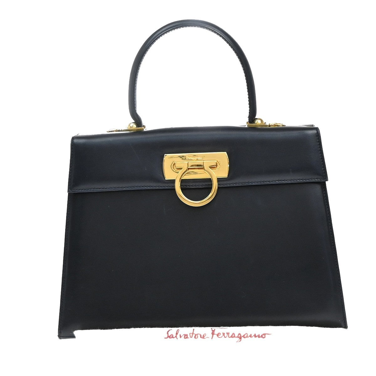 SALVATORE FERRAGAMO Logo Gancini Hand Bag Leather Navy Blue GHW Italy 67EF341
