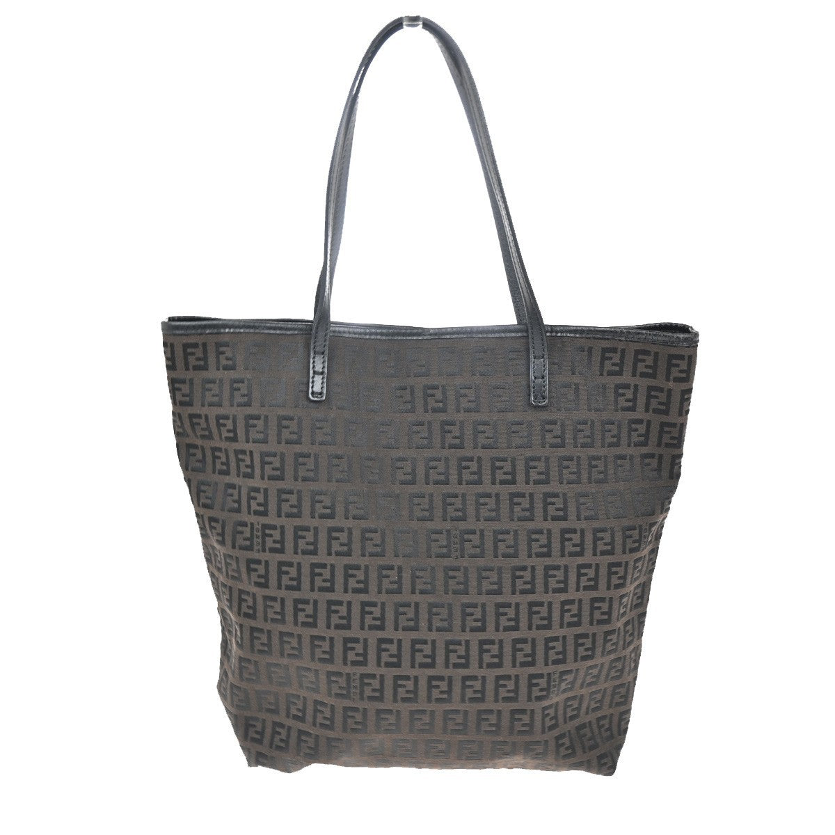 FENDI Logo Zucchino Hand Tote Bag Canvas Leather Brown Black SHW 80TA555