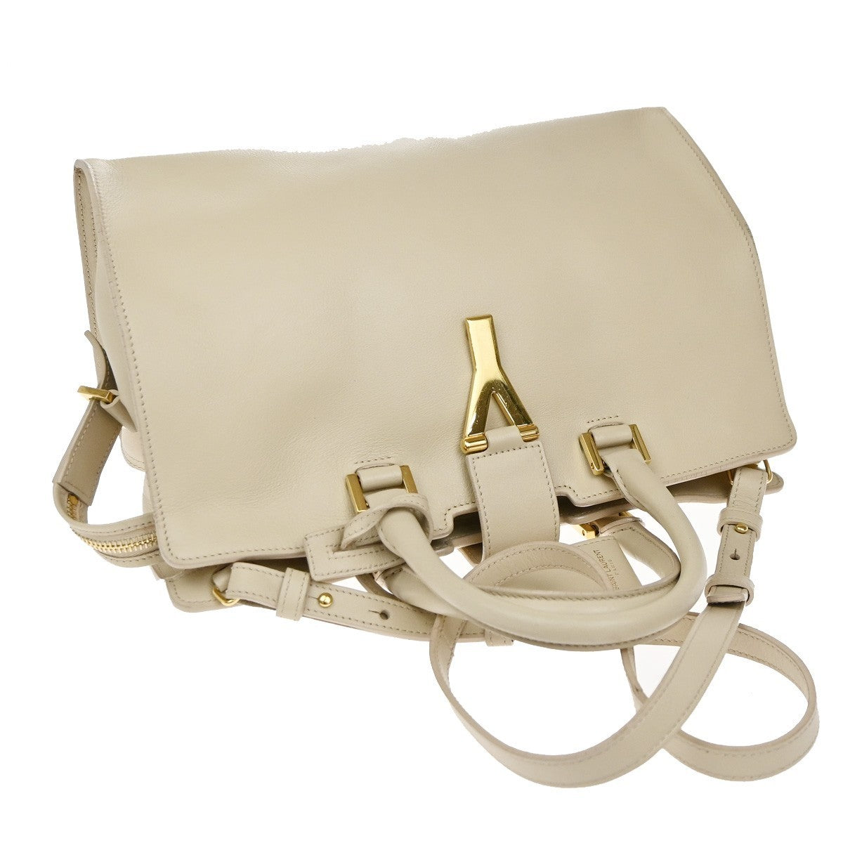 SAINT LAURENT  Logo Classic Y Cabas 2 Way Hand Bag Leather Beige Gold 72KP447
