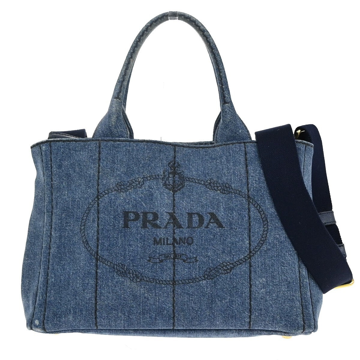 PRADA Logo Canapa 2Way Shoulder Hand Tote Bag Denim Leather Blue GHW 84EE247