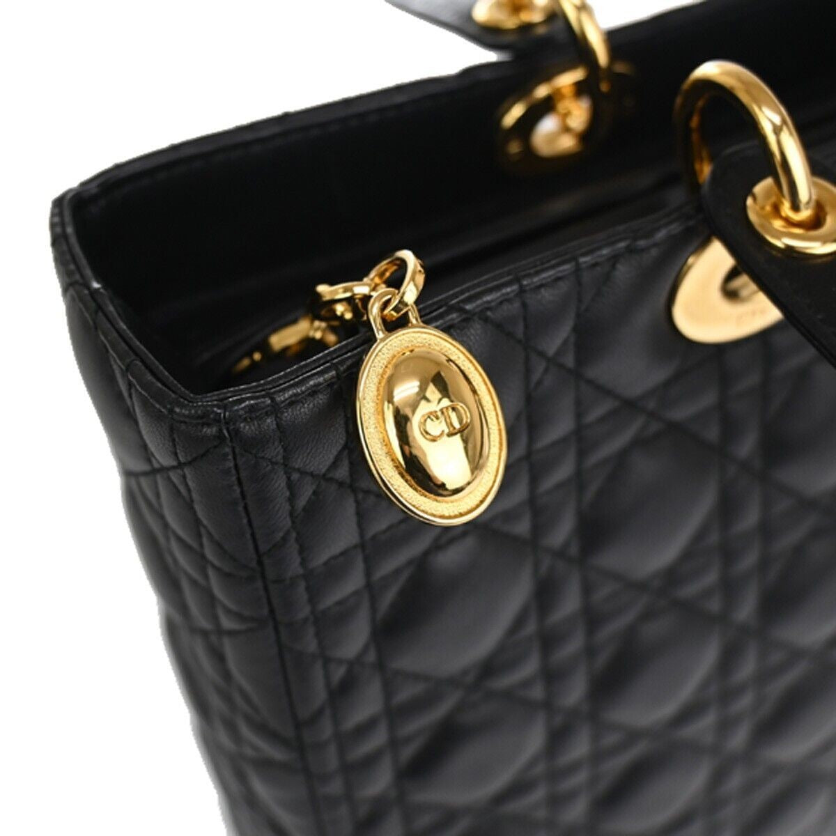 CHRISTIAN DIOR Lady Cannage Hand Tote Bag Leather Black Gold Italy 650RC585