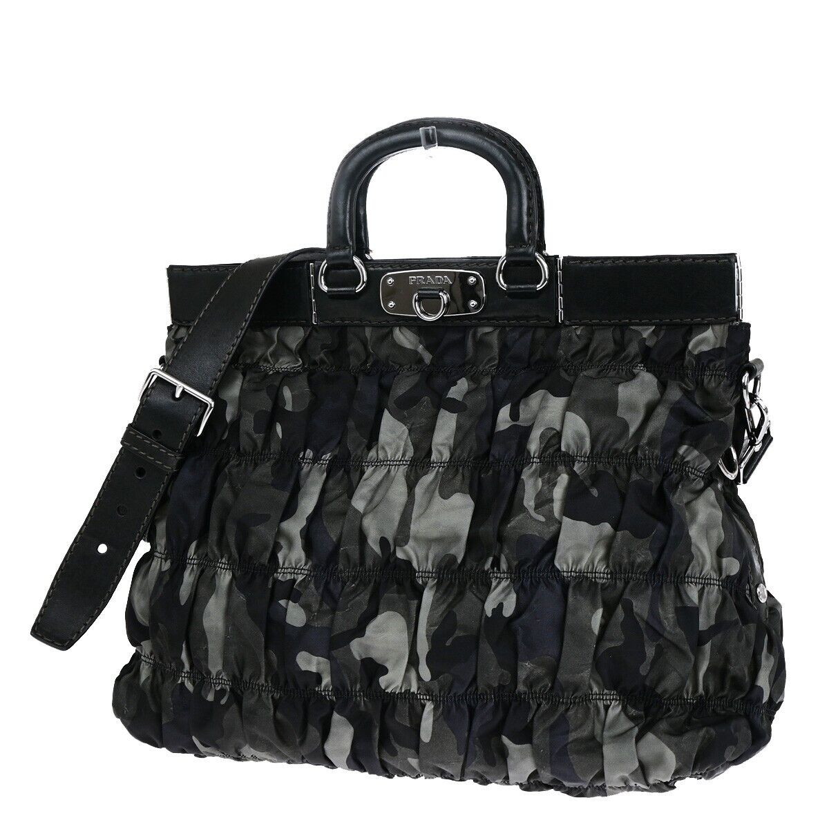 PRADA Logo 2Way Hand Shoulder Bag Nylon Leather camouflage Khaki silver 70SH963