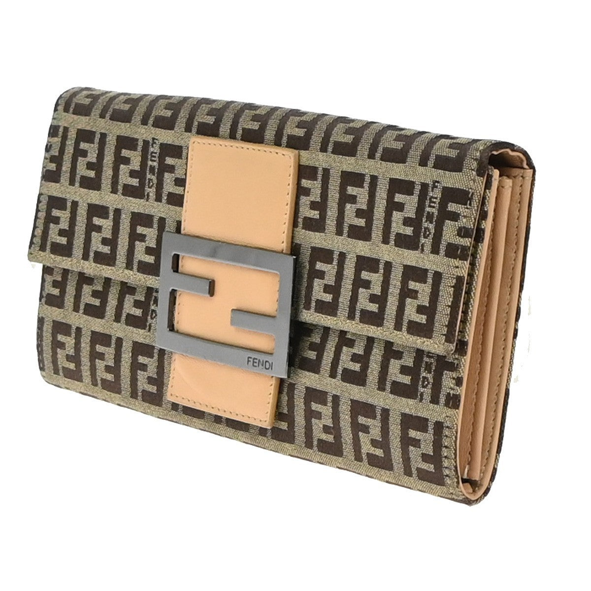 FENDI Logo Zucca Pattern Long Bifold Wallet Canvas Leather Brown 01EG350