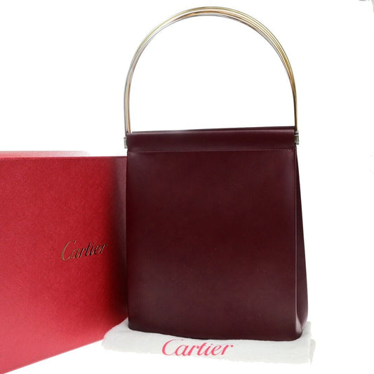 CARTIER Logo Trinity Tricolor Handle Hand Bag Leather Burgundy France 76ED583