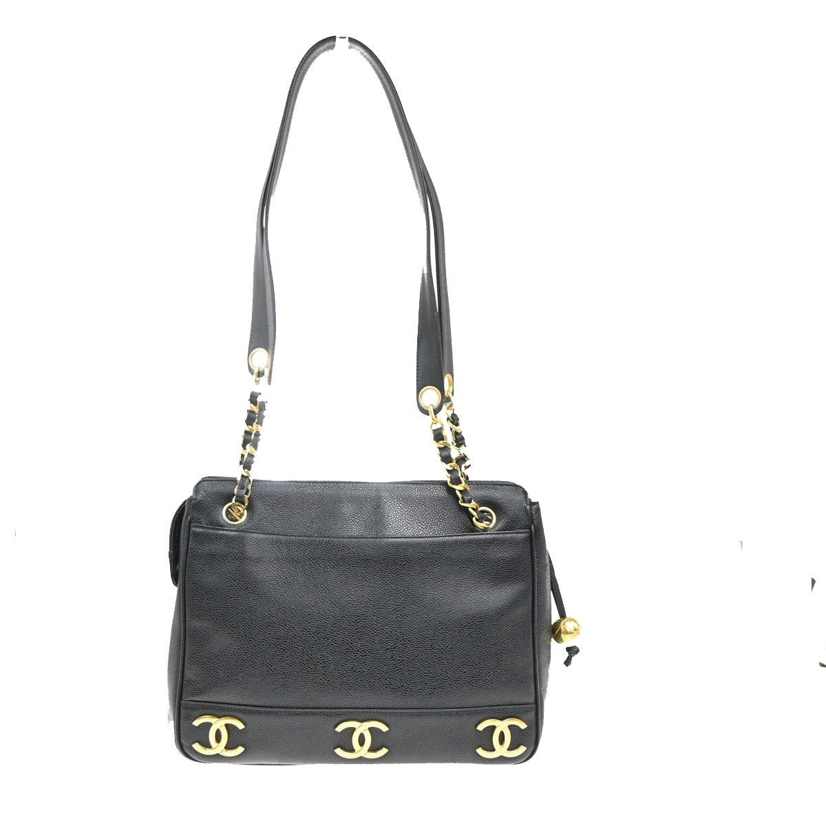 CHANEL Logo Shoulder Hand Bag Grained Calfskin Leather Black GHW Italy 373RL789