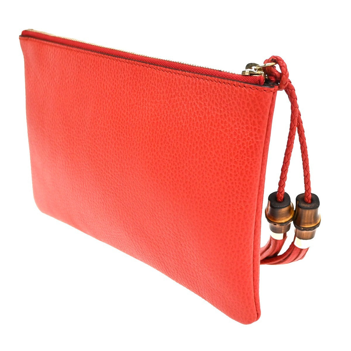 GUCCI Logo Bamboo Charm Clutch Pouch Bag Pebbled Leather Red Italy 61KC890