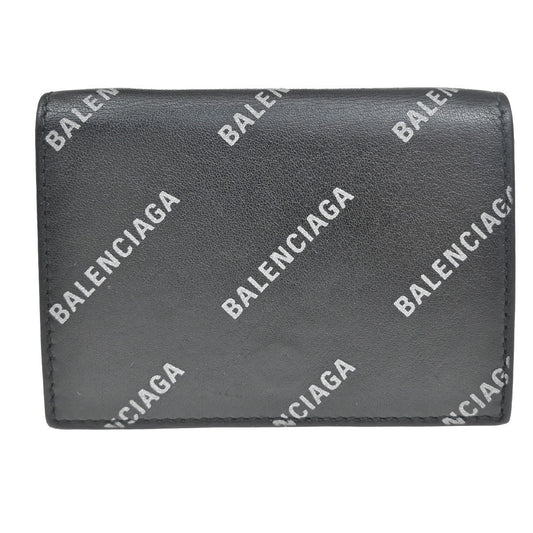 BALENCIAGA Logo Mini Trifold Wallet Purse Leather Black SHW Italy 60TA315