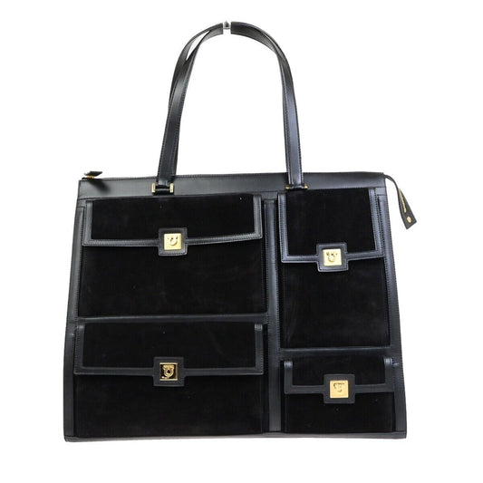 RARE! SALVATORE FERRAGAMO Gancini Shoulder Bag Suede Leather Black Italy 30KA538