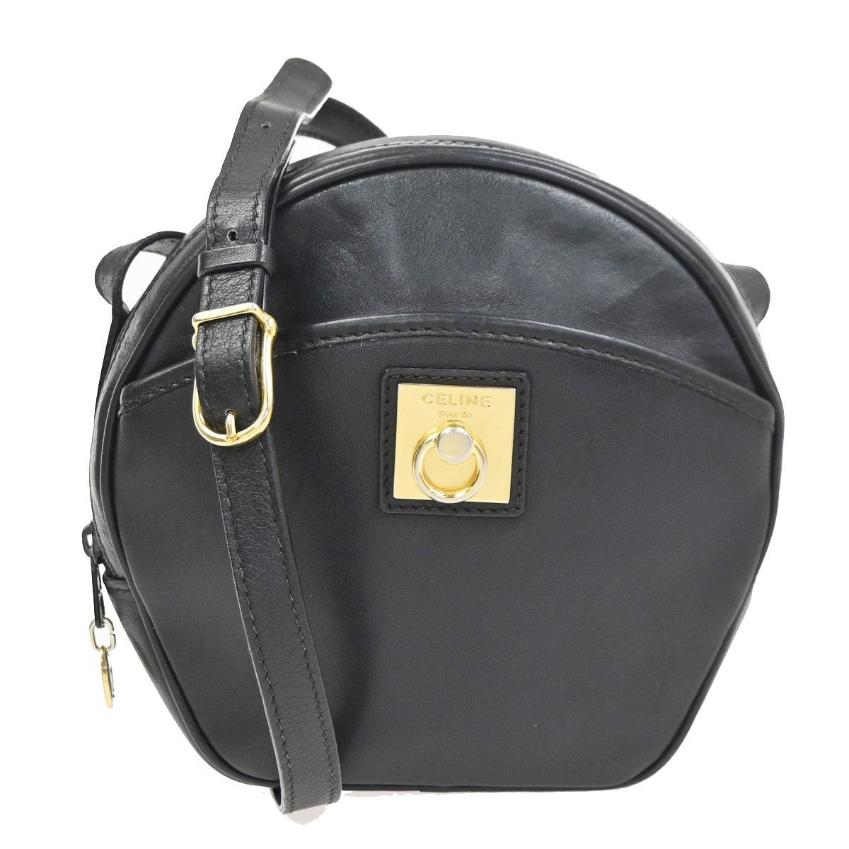 CELINE Ring Logo Crossbody Shoulder Bag Leather Black Italy GHW 38KC888