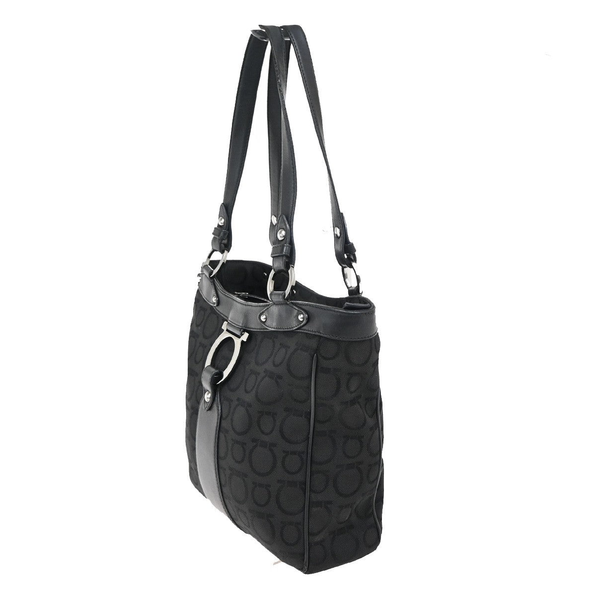 SALVATORE FERRAGAMO Gancini Tote Shoulder Bag Canavs Leather Black SHW 09KB197