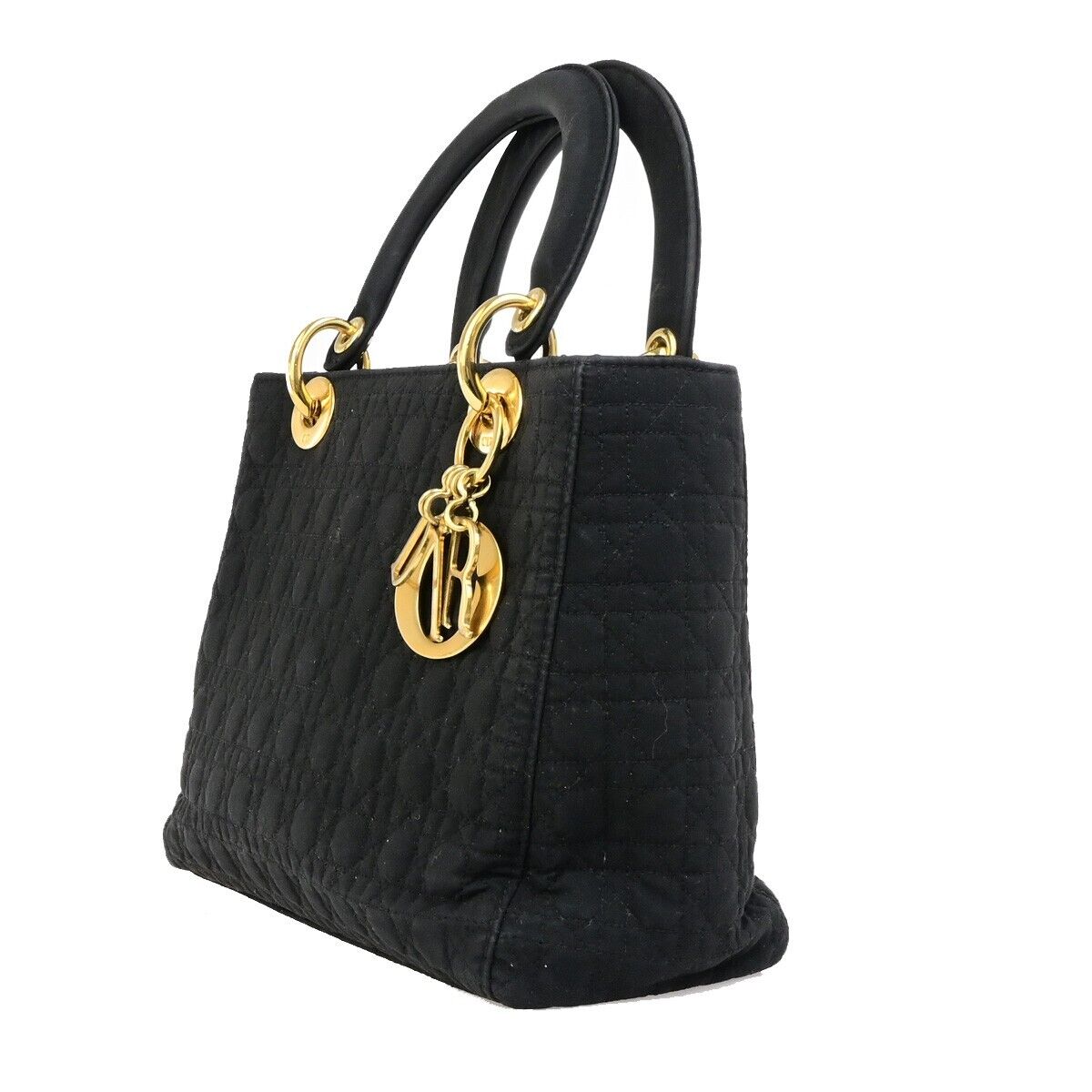 CHRISTIAN DIOR Logo Lady Cannage Hand Bag Canvas Leather Black GHW Italy 73ED175