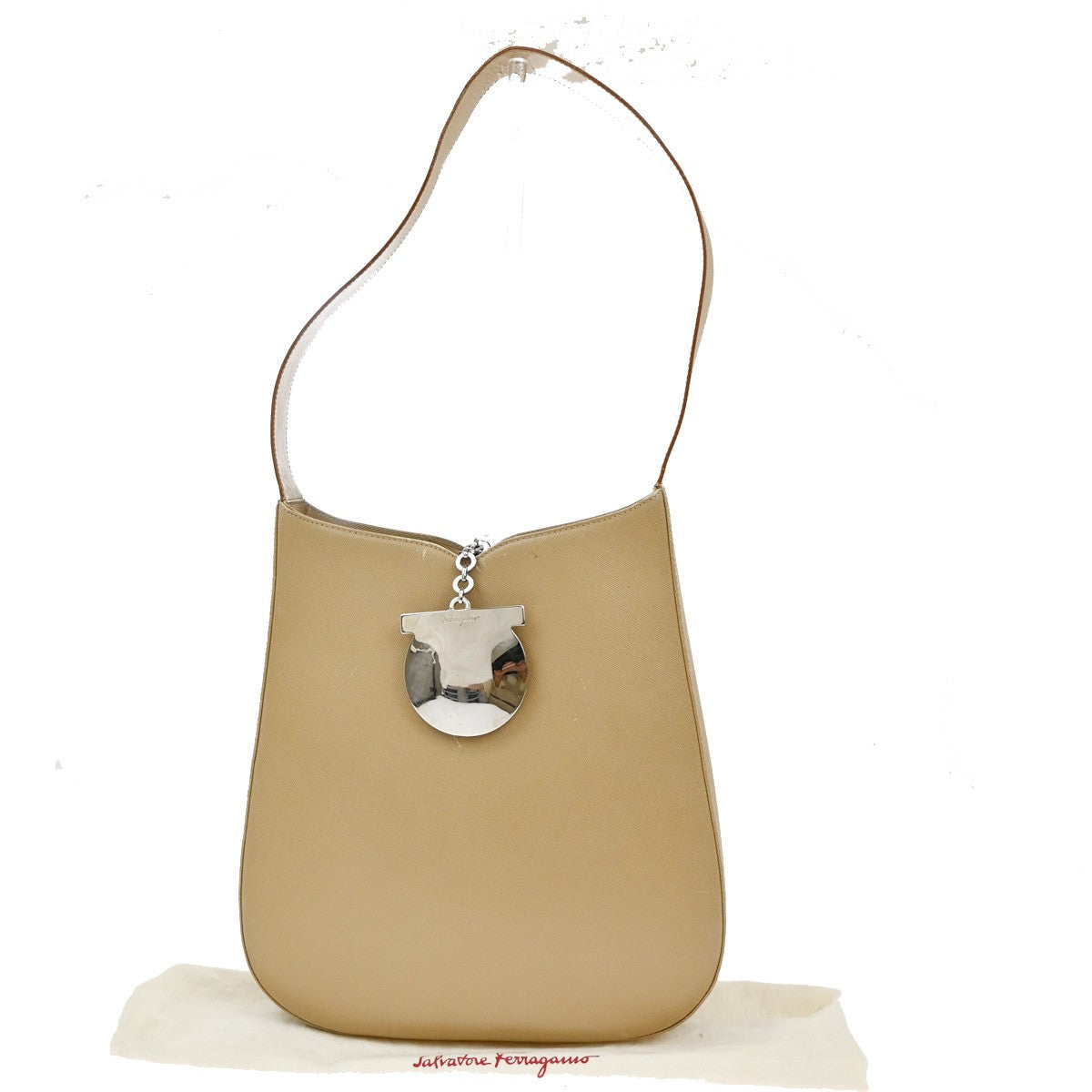 SALVATORE FERRAGAMO Logo Gancini Shoulder Bag Leather Beige SHW Italy 62YH785