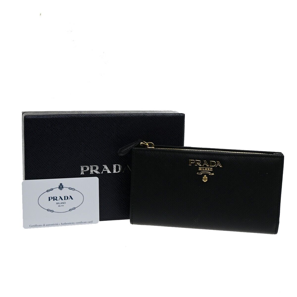 PRADA MILANO Bifold Long Wallet Saffiano Multicolor Leather Black Gold 35RK903