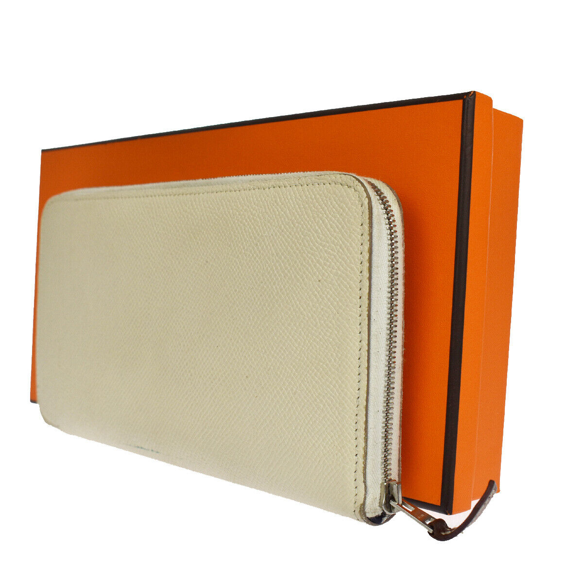 HERMES Azap Long Zipper Wallet Purse Veau Epsom Leather Silk In Craie 72RH515