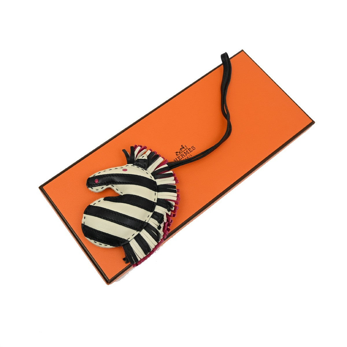 HERMES Zebra ZZ Savannah Strap Bag Charm Lambskin Leather Black White 73RL531