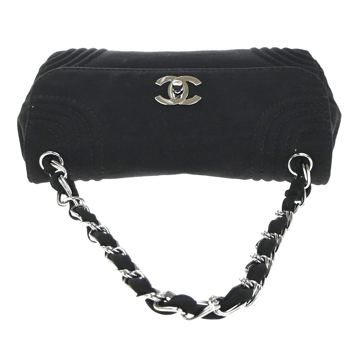CHANEL CC Logo Jersey Chain Shoulder Bag Canvas Leather Black SHW Italy 678RL975