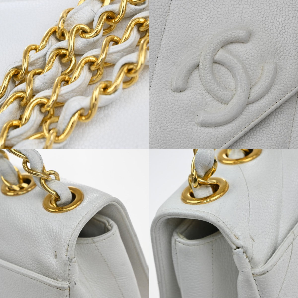 CHANEL CC Chain Shoulder Bag Grained Calfskin Leather White Vintage 834RP178