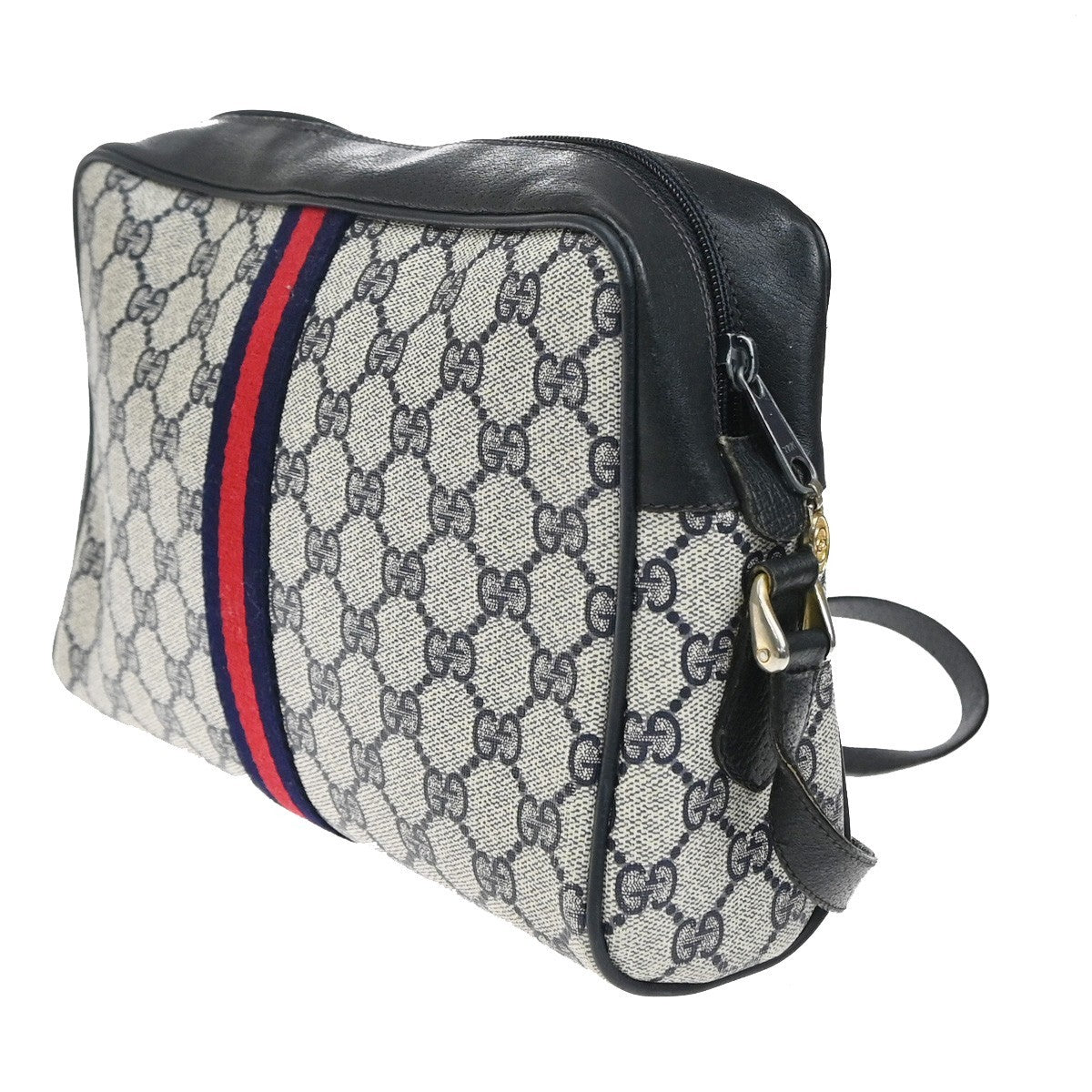 GUCCI Logo Sherry Web Line GG Pattern Shoulder Bag PVC Leather Blue 67YJ157