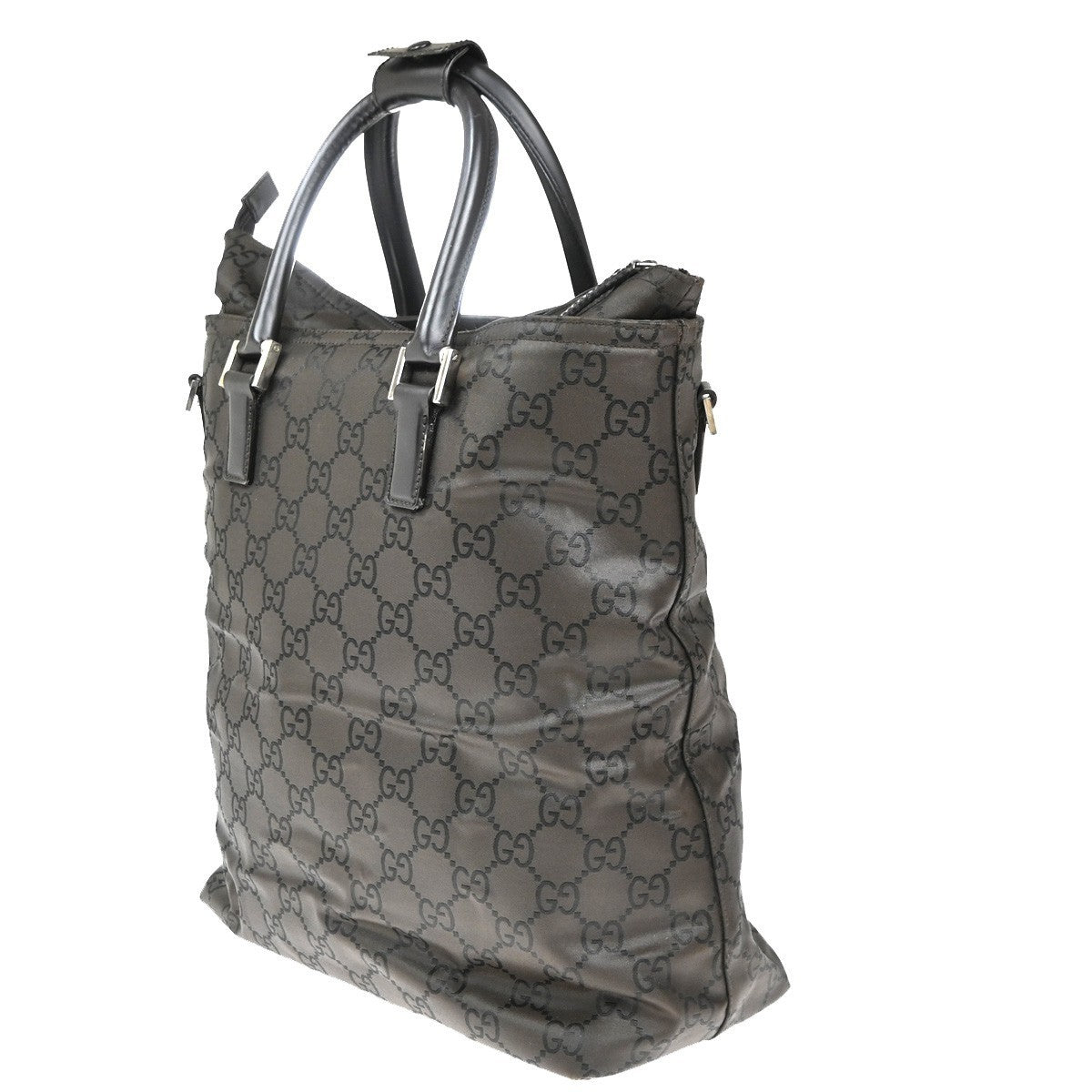 GUCCI Logo GG Pattern Hand Bag Nylon Leather Brown Silver Italy 66KP414