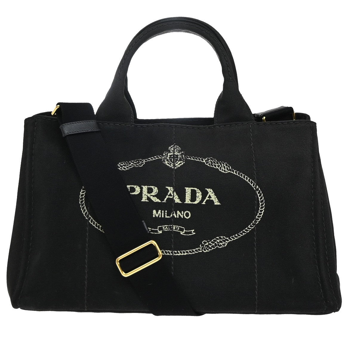 PRADA Logo Canapa 2Way Shoulder Hand Bag Canvas Leather Black GHW Italy 74KP225