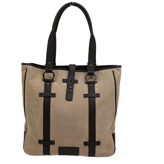 SALVATORE FERRAGAMO Logo Gancini Tote Bag Suede Leather Brown SHW Italy 36DA266