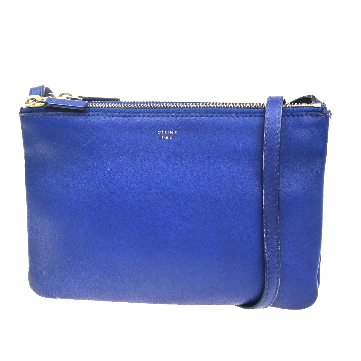 CELINE Logo Trio Small Crossbody Shoulder Bag Leather Blue Italy GHW 35YJ117