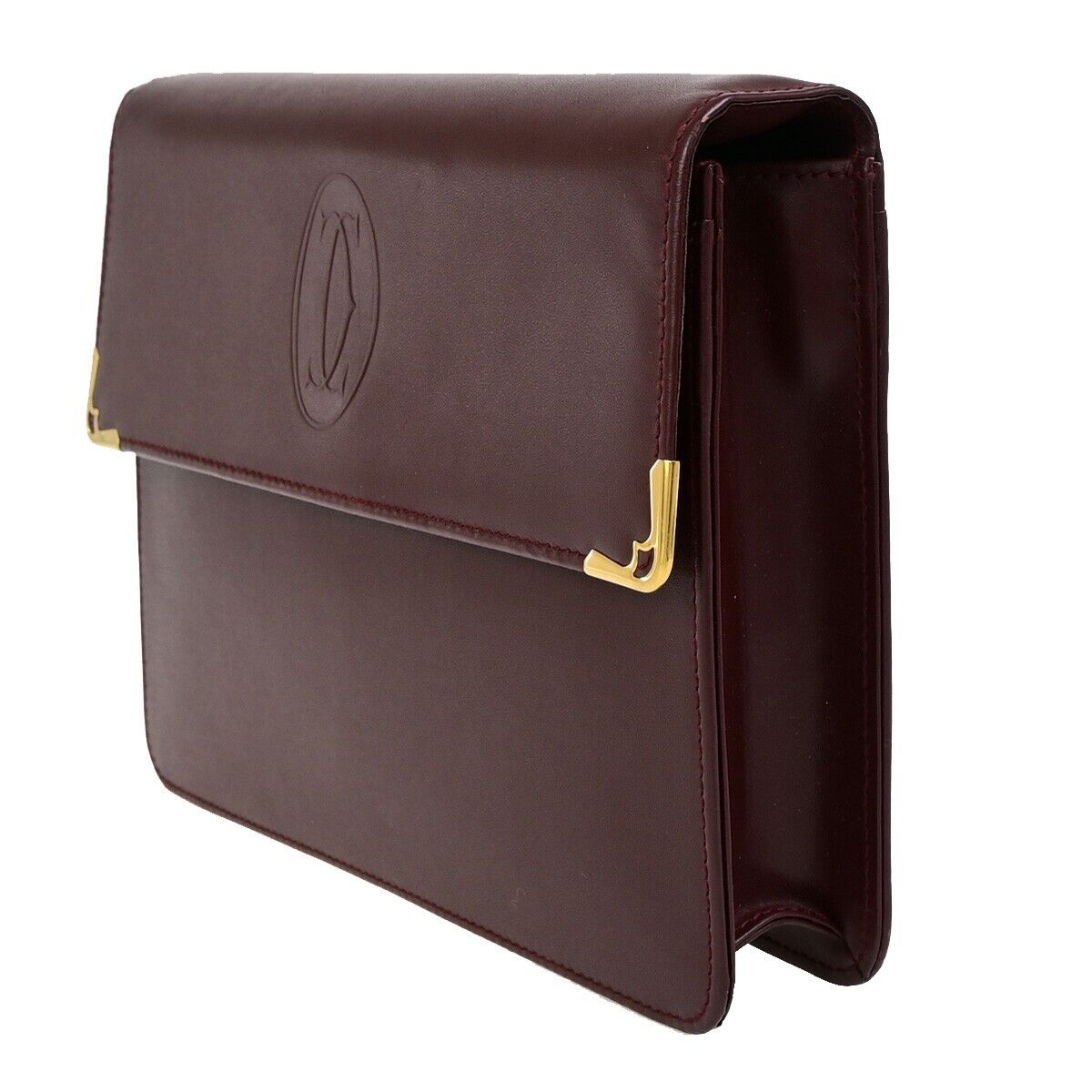 MUST DE CARTIER 2C Logo Clutch Hand Bag Leather Burgundy GHW Italy 05EC983