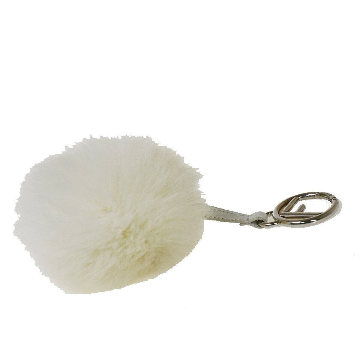 FENDI Logo Pompom Bag Charm Key Ring Fox Fur Leather White Italy 04JH636