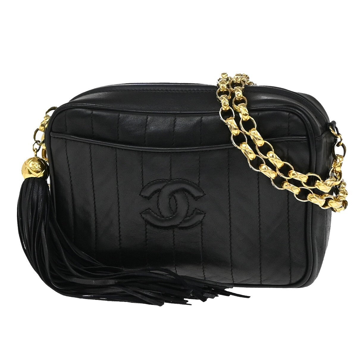 CHANEL Mini Matelasse Tassel Chain Shoulder Bag Leather Black Vintage 629RF270