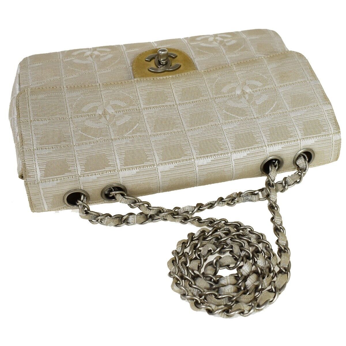 CHANEL CC New Travel Line Chain Shoulder Bag Jacquard Leather Beige 683RH753