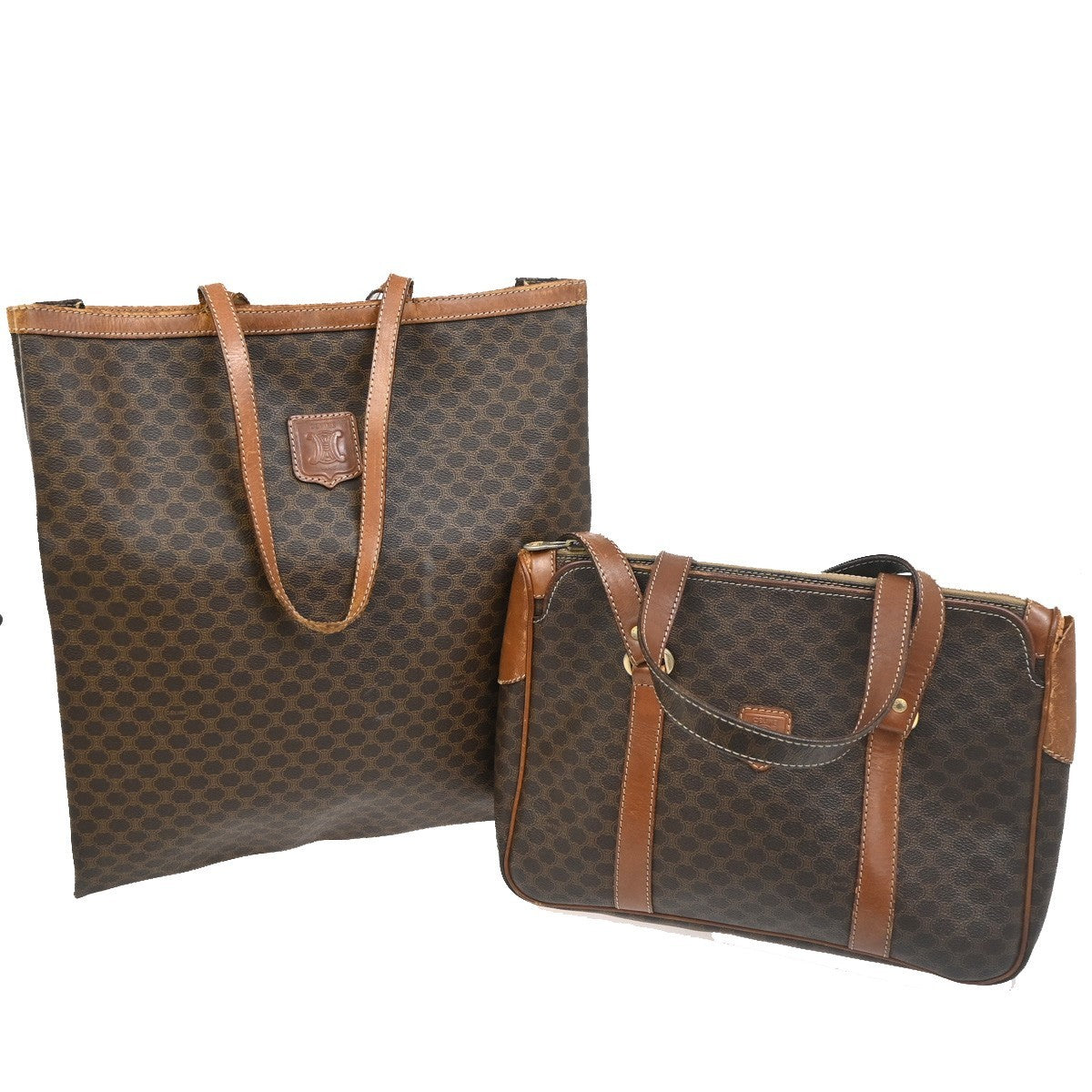 CELINE 2 Set Macadam Pattern Shoulder Bag PVC Leather Brown GHW 02TA450
