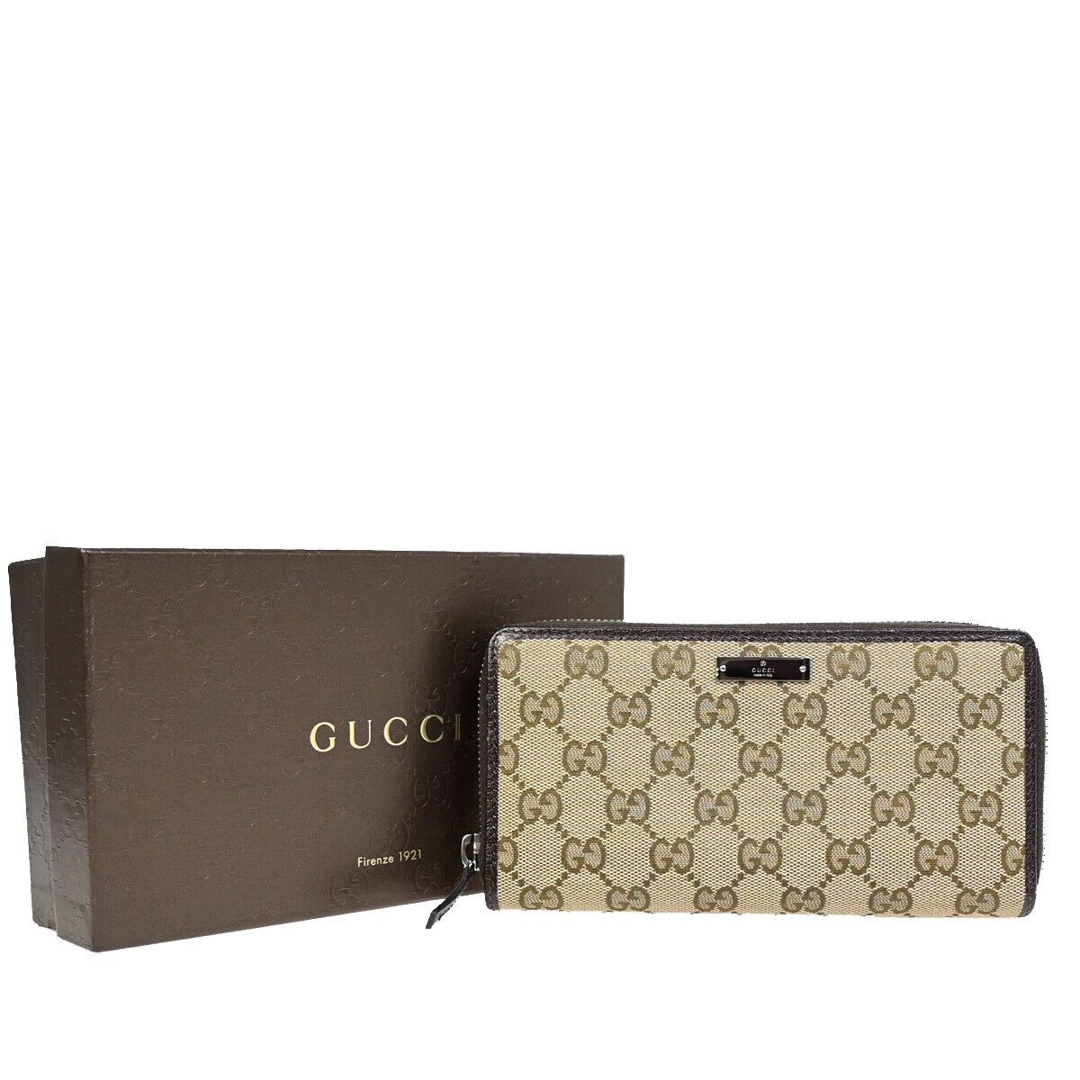 GUCCI Logo GG Pattern Long Bifold Zipper Wallet Canvas Leather Brown 39EB038