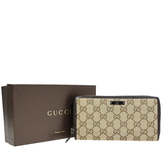 GUCCI Logo GG Pattern Long Bifold Zipper Wallet Canvas Leather Brown 39EB038