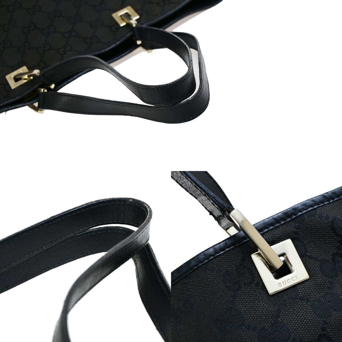 GUCCI Logo GG Pattern Shoulder Tote Bag Canvas Leather Black GHW Italy 09YG536