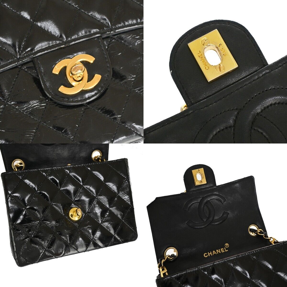 CHANEL CC Mini Matelasse Chain Shoulder Bag Patent Leather Black GHW 332RJ334