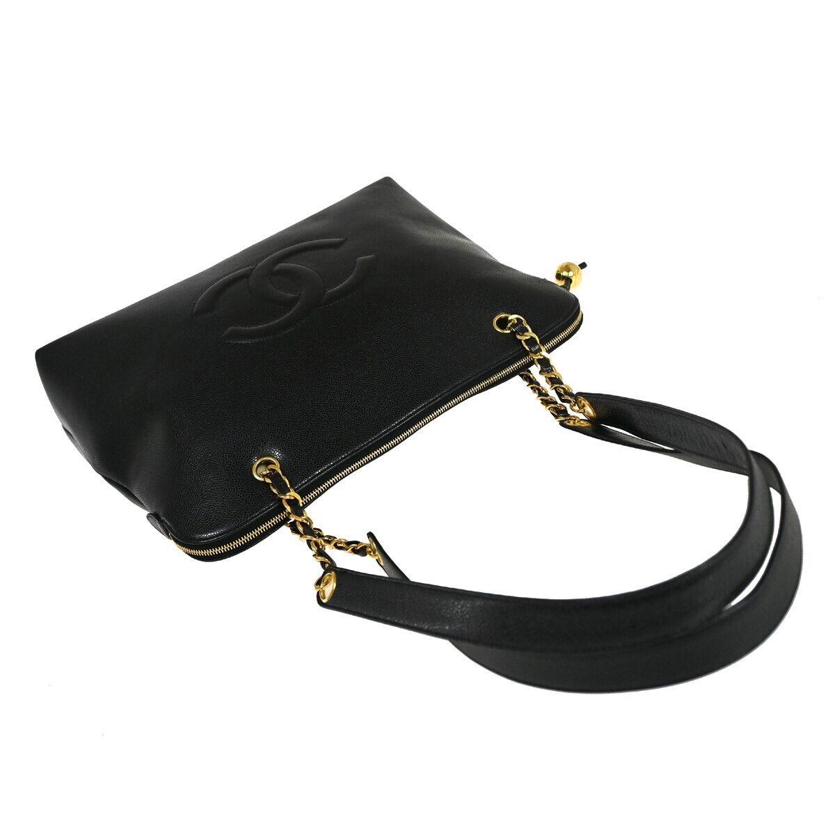CHANEL CC Logo Chain Shoulder Bag Caviar Skin Leather Black GHW Vintage 342RH892