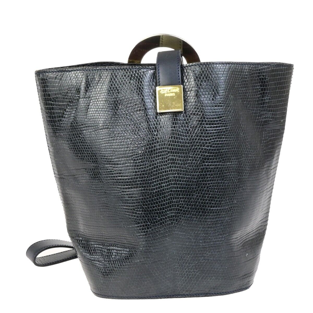 CELINE Logo Circle Shoulder Bag Exotic Leather Navy Blue GHW Italy 82KA435