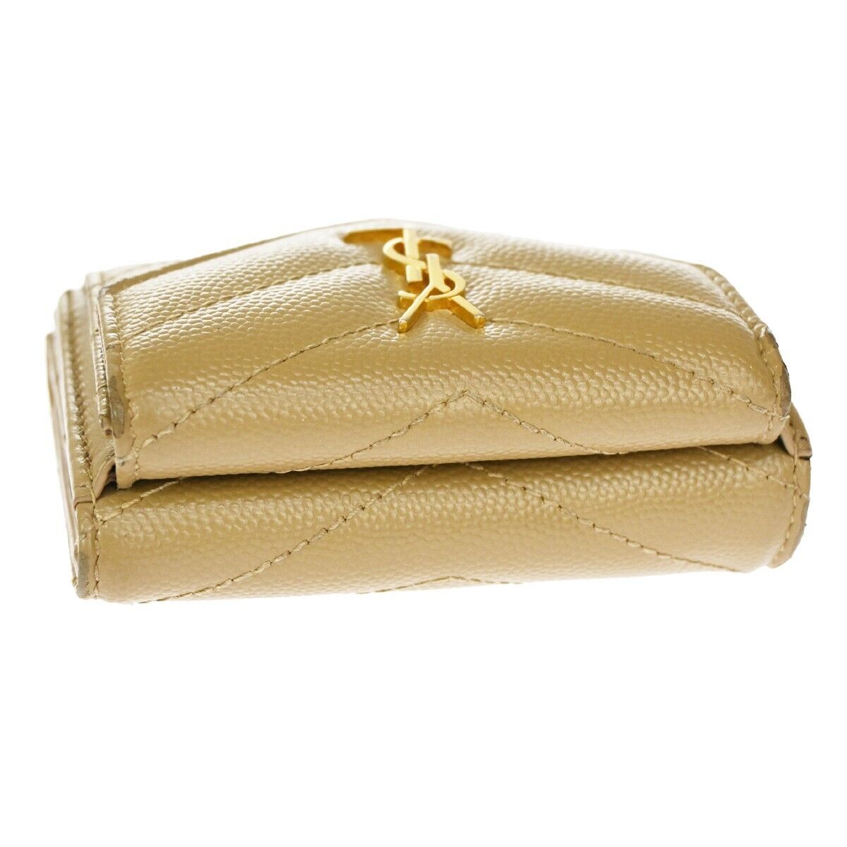 SAINT LAURENT YSL Logo Trifold Wallet Purse Leather Beige Gold Italy 66SH093