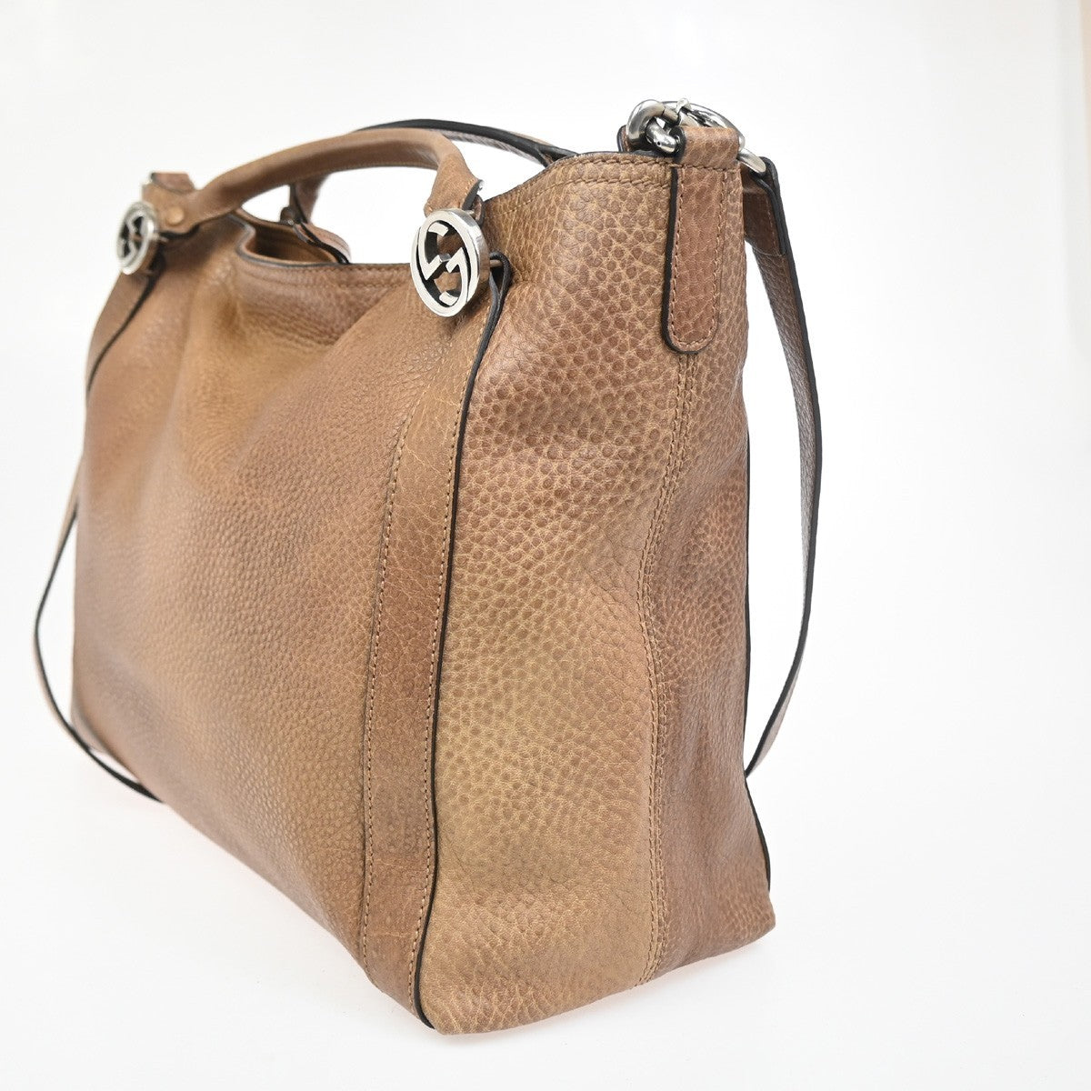 GUCCI Miss GG Hand Bag Pebbled Calfskin Leather Brown Beige SHW Italy 86ZA167