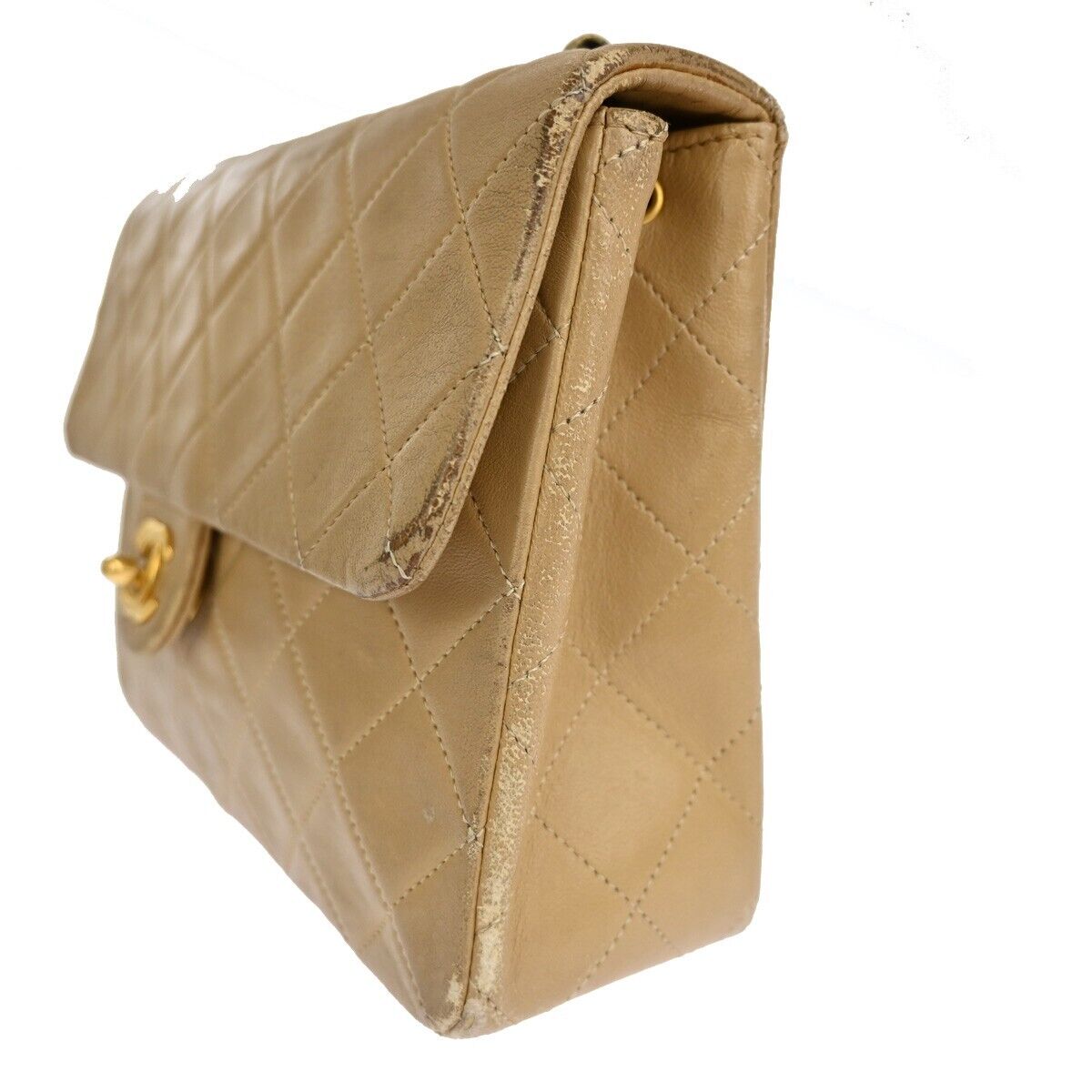 CHANEL CC Mini Matelasse Chain Shoulder Bag Leather Beige GHW Vintage 361RJ241